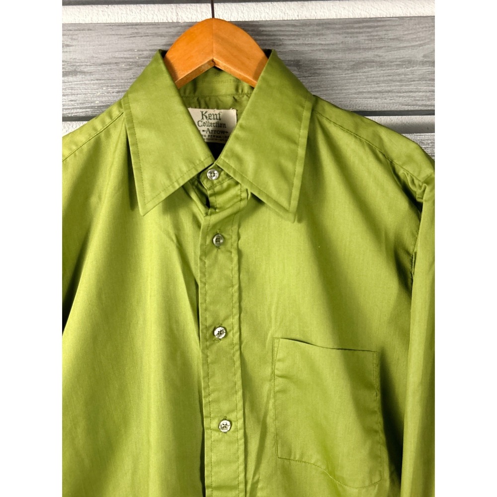 Vintage 70s Arrow Kent Lime Green Button Down Shirt Men 15/32 M disco big collar - Picture 7 of 8